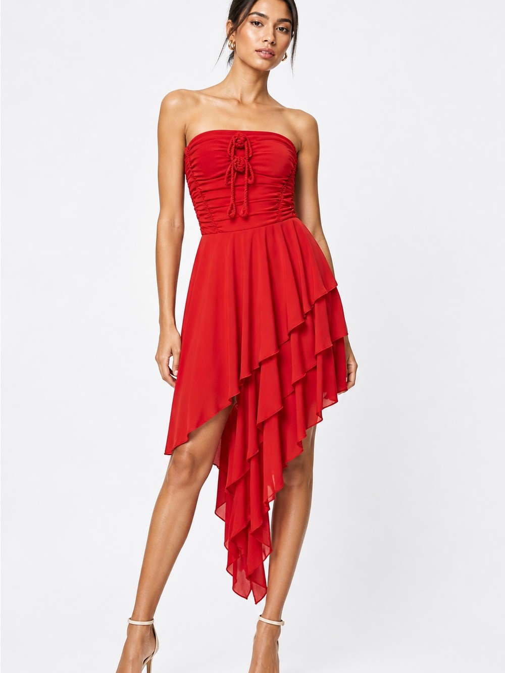 Lucky in the Sky Strapless Red Asymmetrical Ruffle Cocktail Dress Size XS